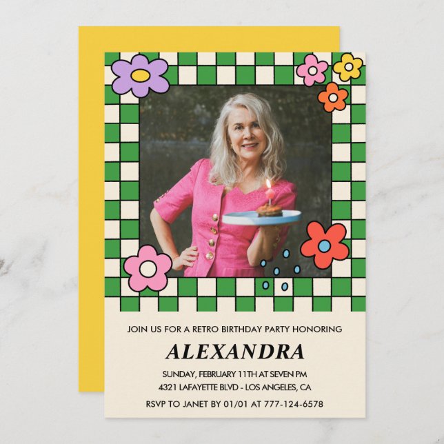 70th birthday invitations Retro Groovy Flowers (Front/Back)