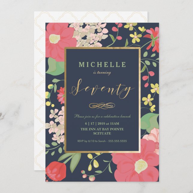 70th Birthday Invite -Elegant Floral - Custom (Front/Back)