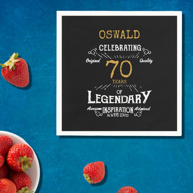 70th Birthday Legendary Black Gold Retro Napkin (For those celebrating their 70th birthday we have the ideal birthday party napkins)
