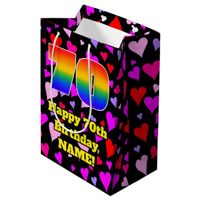 70th Birthday: Loving Hearts Pattern, Rainbow # 70 Medium Gift Bag (Back Angled)