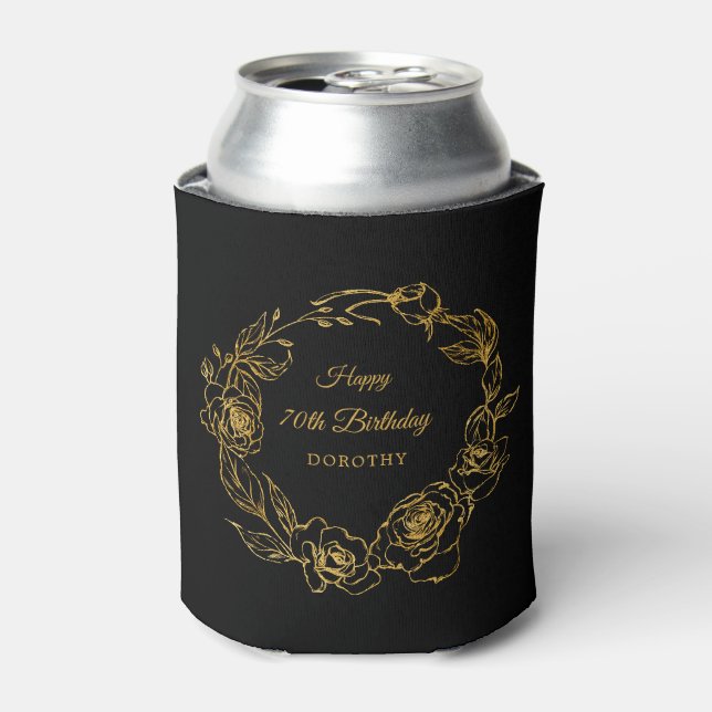 70th Birthday Luxe Gold Rose Personalised Black Can Cooler (Can Front)