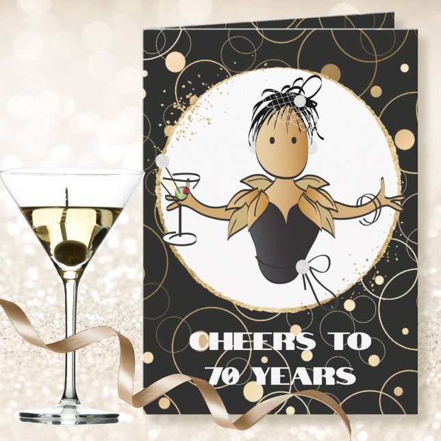  70th Birthday Martini Toast Female Cartoon Card (Creator Uploaded)