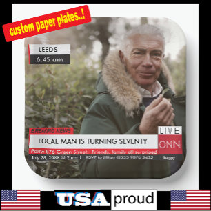 70th Birthday Men's 🎉 Funny TV News Fake Media Paper Plate