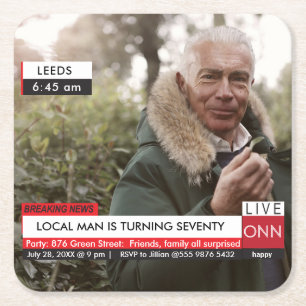 70th Birthday Men's 🎉 Funny TV News Fake Media Square Paper Coaster