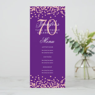 70th Birthday Menu Rose Gold Confetti Purple  Invitation