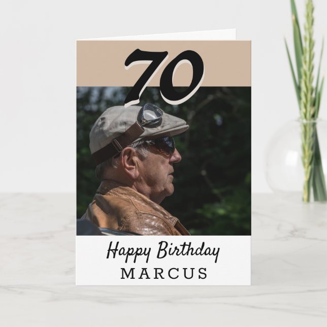 70th Birthday Modern Beige Photo Personalized Card (Front)