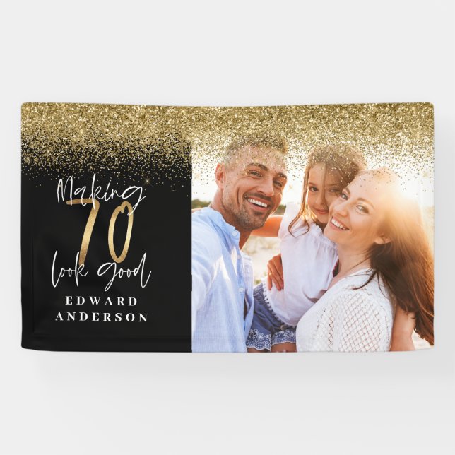 70th birthday modern black and gold glitter photo banner (Horizontal)