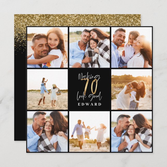 70th birthday modern black and gold photo collage (Front/Back)