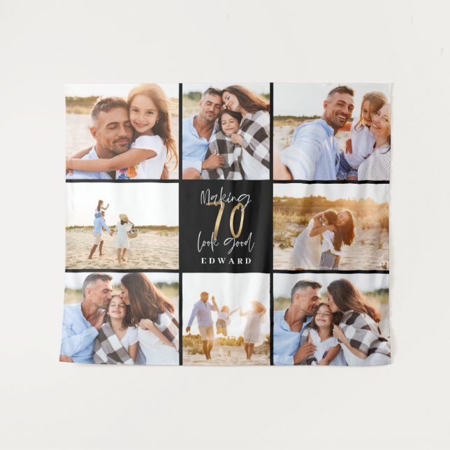 70th birthday modern black and gold photo collage tapestry (Front (Horizontal))