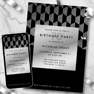 70th Birthday Modern Black Faux Silver Foil Invitation