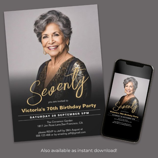 70th Birthday Modern Black Gold Minimal Photo Invitation (70th Birthday Modern Black Gold Minimal Photo Invitation)