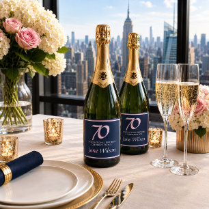 70th Birthday Modern Elegant Pink & Navy Sparkling Wine Label