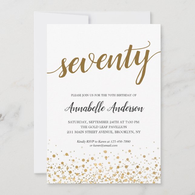 70th Birthday Modern Gold Confetti Dots Script Invitation (Front)