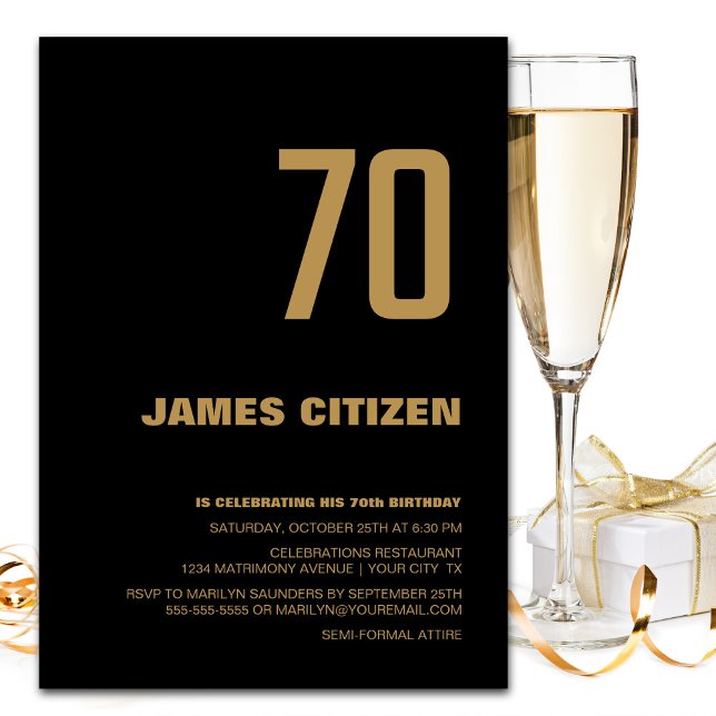 70th Birthday Modern Minimalist Black Gold Party Invitation (Creator Uploaded)