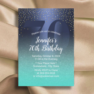 70th Birthday Modern Navy Blue & Turquoise Invitation