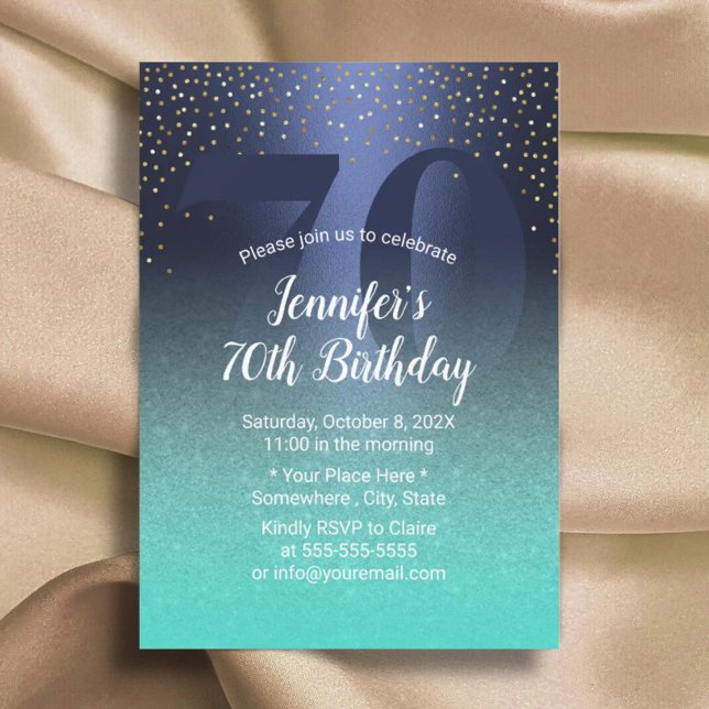 70th Birthday Modern Navy Blue & Turquoise Invitation (Creator Uploaded)