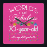70th Birthday Most Fabulous Colorful Gems Pink Square Wall Clock<br><div class="desc">Celebrate the milestone birthday of your favorite senior citizen with this fun gift reminding them of how fabulous they are. White and grey lettering on deep pink background. Colorful diamond-cut gems in rainbow tones serve as accent. Customize with names, initials or other text. This series is in increments of 5...</div>