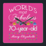 70th Birthday Most Fabulous Colorful Gems Pink Square Wall Clock<br><div class="desc">Celebrate the milestone birthday of your favorite senior citizen with this fun gift reminding them of how fabulous they are. White and grey lettering on deep pink background. Colorful diamond-cut gems in rainbow tones serve as accent. Customize with names, initials or other text. This series is in increments of 5...</div>