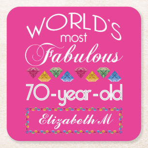 70th Birthday Most Fabulous Colourful Gems Pink Square Paper Coaster