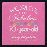 70th Birthday Most Fabulous Colourful Gems Pink Stone Coaster<br><div class="desc">Celebrate the milestone birthday of your favourite senior citizen with this fun gift reminding them of how fabulous they are. White and grey lettering on deep pink background. Colourful diamond-cut gems in rainbow tones serve as accent. Customise with names, initials or other text. This series is in increments of 5...</div>
