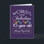 70th Birthday Most Fabulous Colourful Gems Purple Card<br><div class="desc">Celebrate the milestone birthday of your favourite senior citizen with this fun gift reminding them of how fabulous they are. White and grey lettering on deep purple background. Colourful diamonds in rainbow tones serve as accent. Customise with names, initials or other text. This series is in increments of 5 years...</div>