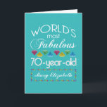 70th Birthday Most Fabulous Colourful Gems Turquoi Card<br><div class="desc">Celebrate the milestone birthday of your favourite senior citizen with this fun gift reminding them of how fabulous they are. White and grey lettering on deep turquoise background. Colourful diamond-cut gems in rainbow tones serve as accent. Customise with names, initials or other text. This series is in increments of 5...</div>
