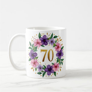 70th Birthday Mug – Floral Wreath with Gold Number