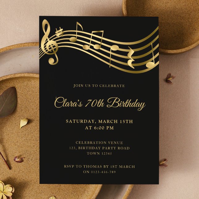 70th Birthday Music Notes Gold Elegant Modern Invitation (Creator Uploaded)