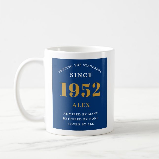 70th Birthday Name 1952 Blue Gold Elegant Chic Coffee Mug (Left)