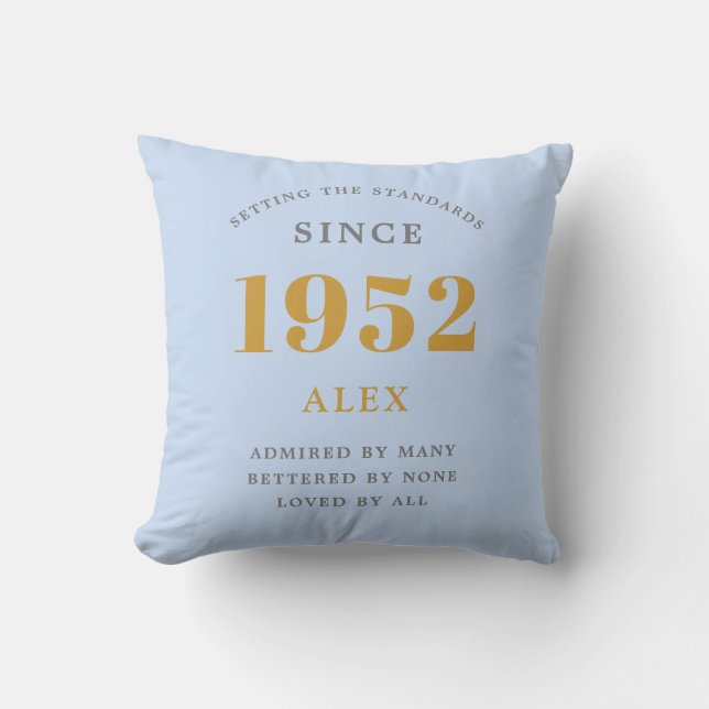 70th Birthday Name 1952 Blue Grey Elegant Chic Cushion (Front)