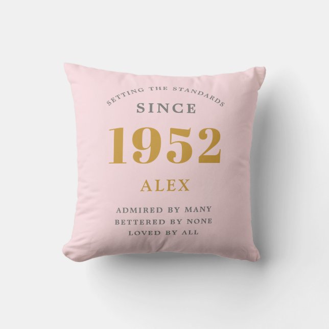70th Birthday Name 1952 Pink Grey Elegant Chic Cushion (Front)