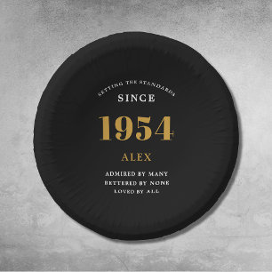 70th Birthday Name 1954 Black Gold Elegant Chic Paper Plate