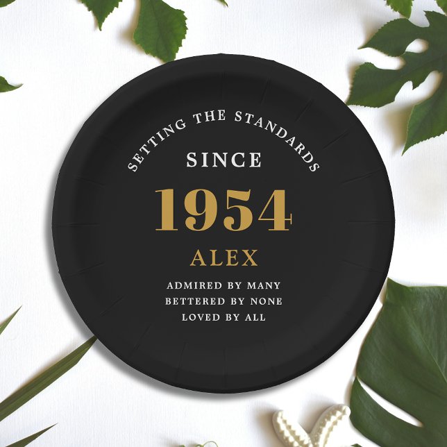 70th Birthday Name 1954 Black Gold Elegant Chic Paper Plate (Sophisticated 70th Birthday Unique Black & Gold Party Paper Plates)