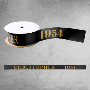 70th Birthday Name 1954 Black Gold Elegant Chic Satin Ribbon