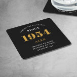 70th Birthday Name 1954 Black Gold Elegant Chic Square Paper Coaster<br><div class="desc">Premium 70th Birthday Black and Gold Personalised Paper Coasters - Celebration Elegance. Celebrate a milestone birthday in style with our chic, premium-quality, 70th Birthday paper coasters. Exquisitely designed with a striking black and gold colour scheme, these coasters add a touch of luxury and sophistication to any 70th birthday bash. Express...</div>