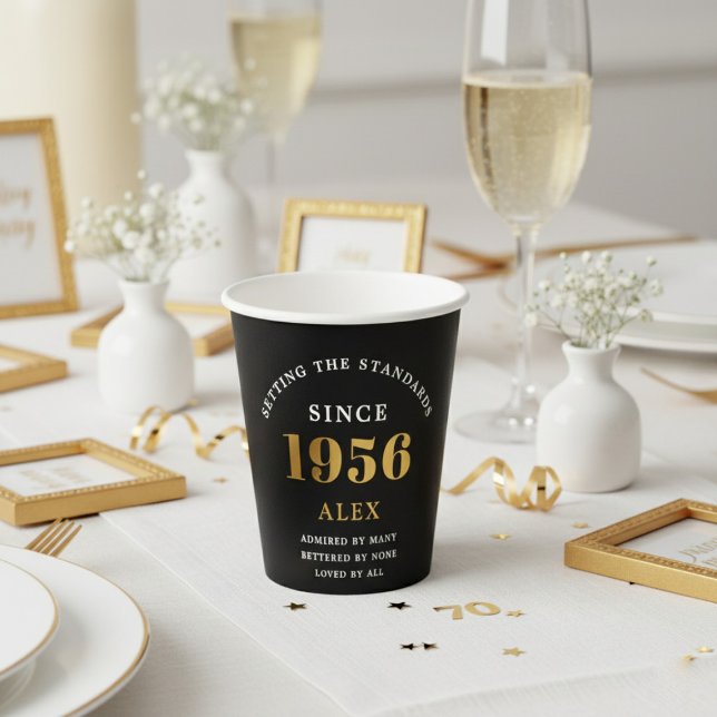70th Birthday Name 1956 Black Gold Elegant Chic Paper Cups (1956 birthday paper cup. White and gold background.)