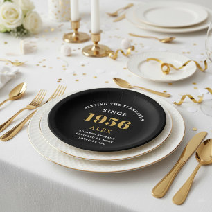 70th Birthday Name 1956 Black Gold Elegant Chic Paper Plate