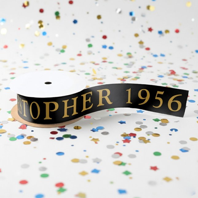 70th Birthday Name 1956 Black Gold Elegant Chic Satin Ribbon (Born 1956 ribbon with confetti background)