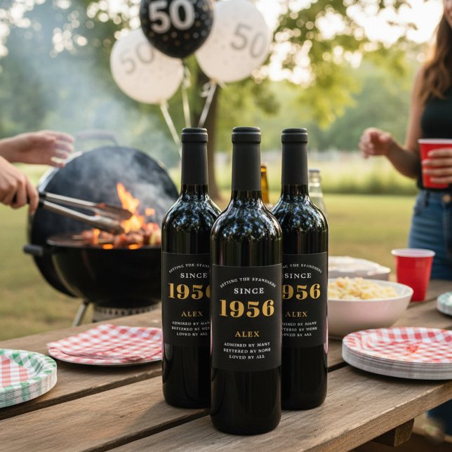 70th Birthday Name 1956 Black Gold Elegant Chic Wine Label (1956 wine bottle labels at a BBQ)