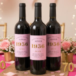 70th Birthday Name 1956 Pink Gold Elegant Chic Wine Label<br><div class="desc">1956 Vintage 70th Birthday Pink & Gold Elegant Wine Label. Celebrate your milestone with our exclusive 1956 Vintage 70th birthday wine label. The meticulously designed label with stunning pink and gold hues effortlessly enhances the visual appeal of your favourite wine. The year 1956, prominently featured on the label, adds a...</div>