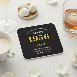 70th Birthday Name 1956 Year Black Gold Custom Square Paper Coaster