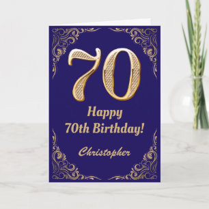 70th Birthday Navy Blue and Gold Glitter Frame Card