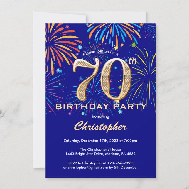 70th Birthday Navy Blue and Gold Rainbow Fireworks Invitation (Front)