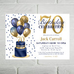 70th Birthday Navy Blue Balloon Cake Invitation<br><div class="desc">This fabulous men's 70th birthday party invitation featuring a 2-layer navy blue and gold cake with navy blue and gold balloons, the number 70 in gold and shiny blue confetti would be perfect for celebrating your loved one turning 70. It is traditional and classic while being fresh, modern and contemporary....</div>