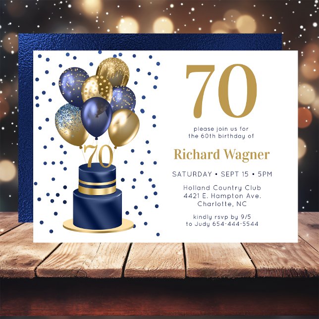 70th Birthday Navy Blue Balloon Cake Invitation (Creator Uploaded)