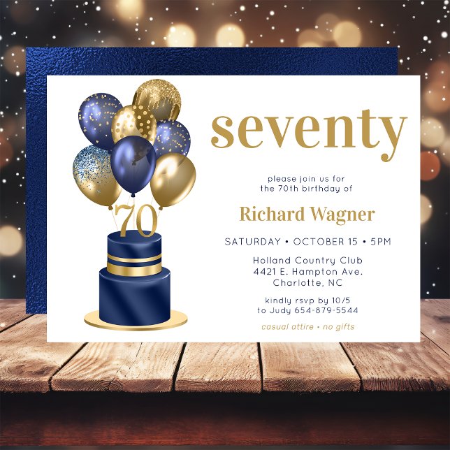 70th Birthday Navy Blue Balloon Cake Invitation (Creator Uploaded)