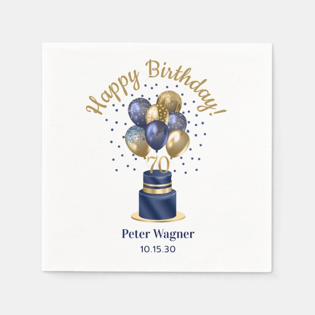 70th Birthday Navy Blue Balloon Cake Napkin (Front)