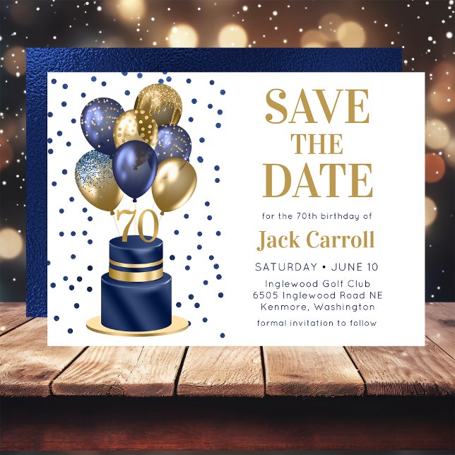 70th Birthday Navy Blue Balloon Cake Save The Date (Creator Uploaded)