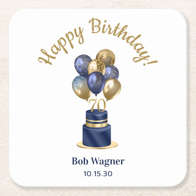 70th Birthday Navy Blue Balloon Cake Square Paper Coaster (Front)