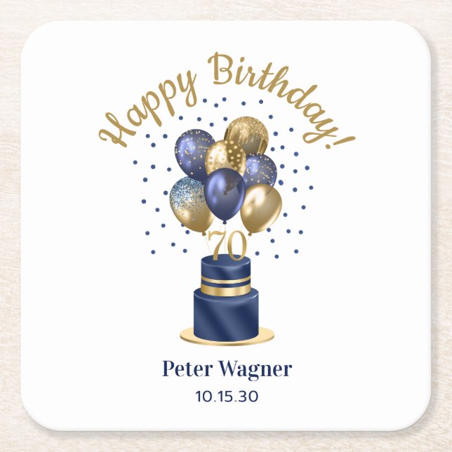 70th Birthday Navy Blue Balloon Cake Square Paper Coaster (Front)